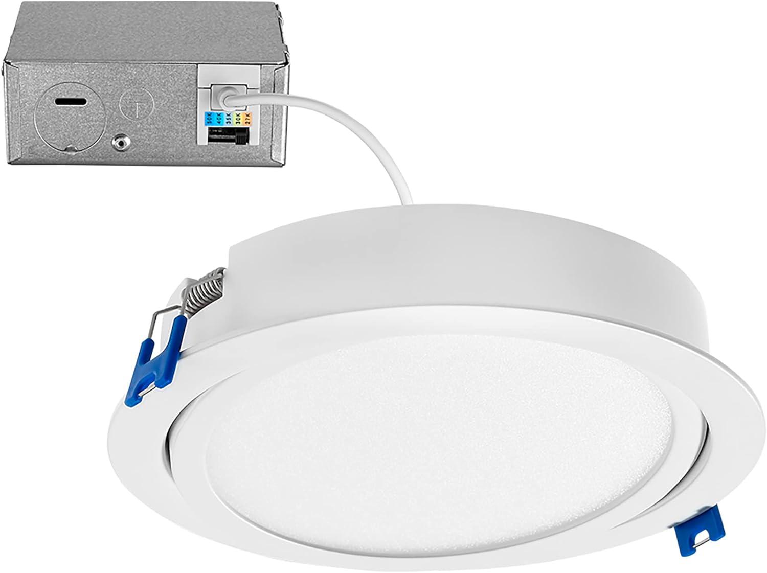 Maxxima 6 in. 5 CCT Ultra-Thin Recessed LED Gimbal Downlight - 1,000 Lumens, Color Selectable 2700K-5000K (2700K/3000K/3500K/4000K/5000K), Dimmable, Canless, Slim IC Rated, Junction Box Included