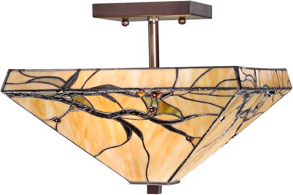 Robert Louis Tiffany Mission Rustic Ceiling Light Semi Flush Mount Fixture 14" Wide Bronze 2-Light Budding Branch Art Glass Shade for Bedroom Kitchen