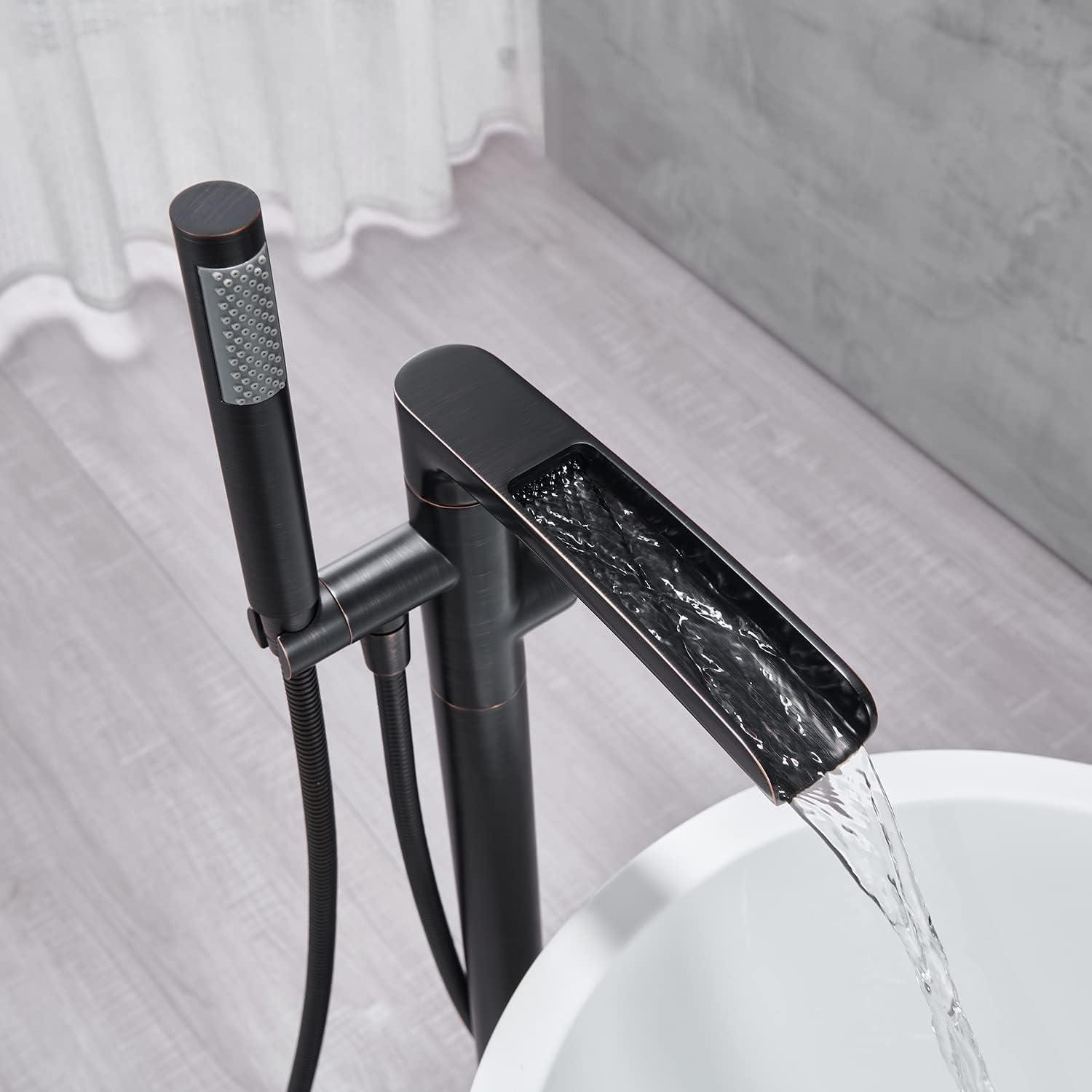 Free Standing Tub Faucet Brass Oil Rubbed Bronze Waterfall Freestanding Bathtub Faucet Floor Mount Tub Filler with Handheld Sprayer