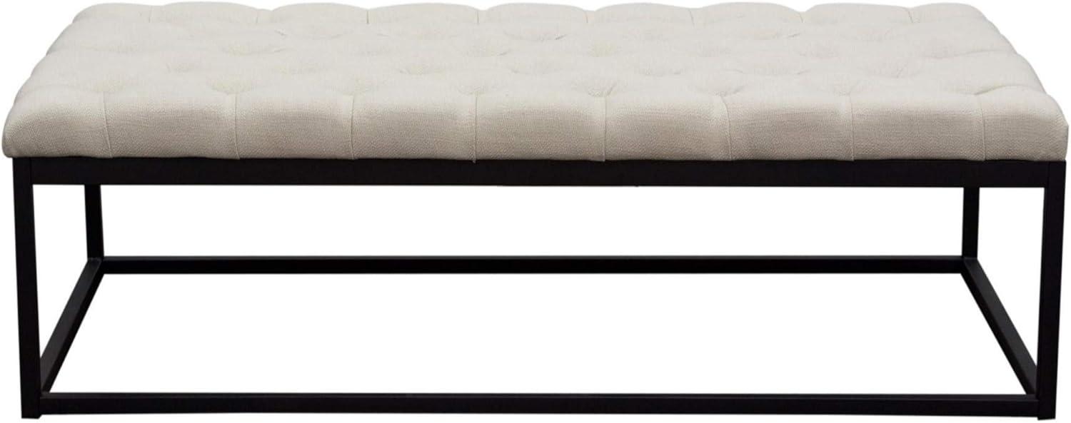 Large Beige Linen Upholstered Bench with Black Metal Base