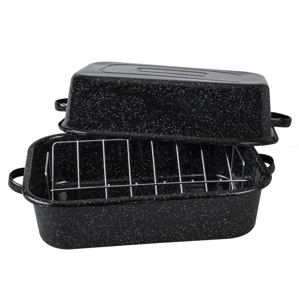 Granite Ware 21 in Oven Rectangular Roaster with lid. (Speckled Black) - Accommodates up to 25 lb poultry or roast.