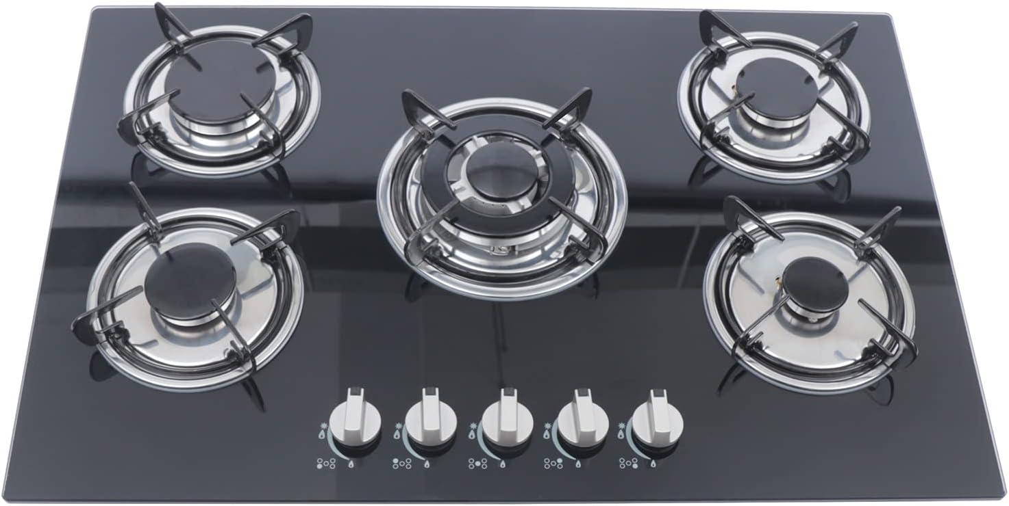 30"  Gas Stove Cooktop, 5 Burners Built-in Tempered Glass LPG/NG Stove with Flameout Protection for Kitchen Black
