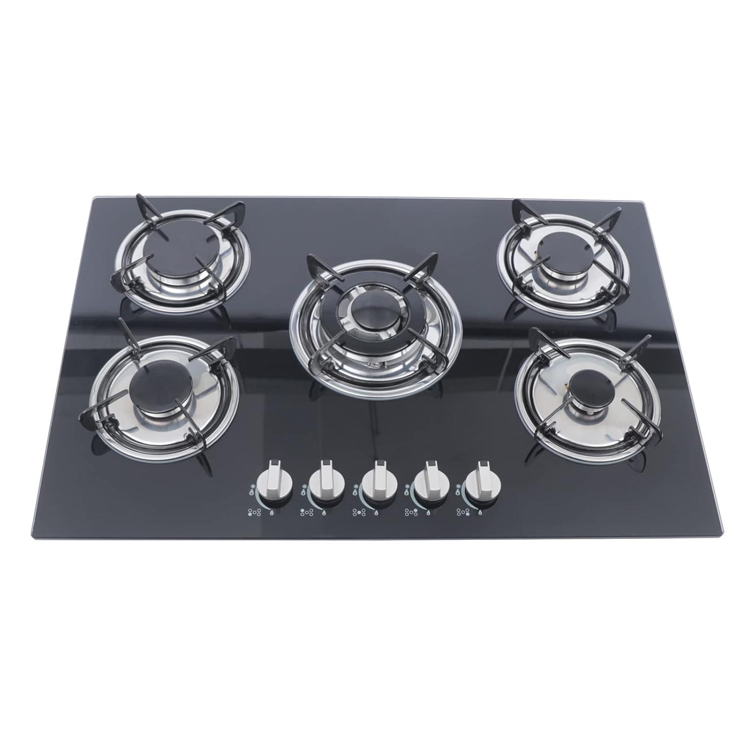 30"  Gas Stove Cooktop, 5 Burners Built-in Tempered Glass LPG/NG Stove with Flameout Protection for Kitchen Black