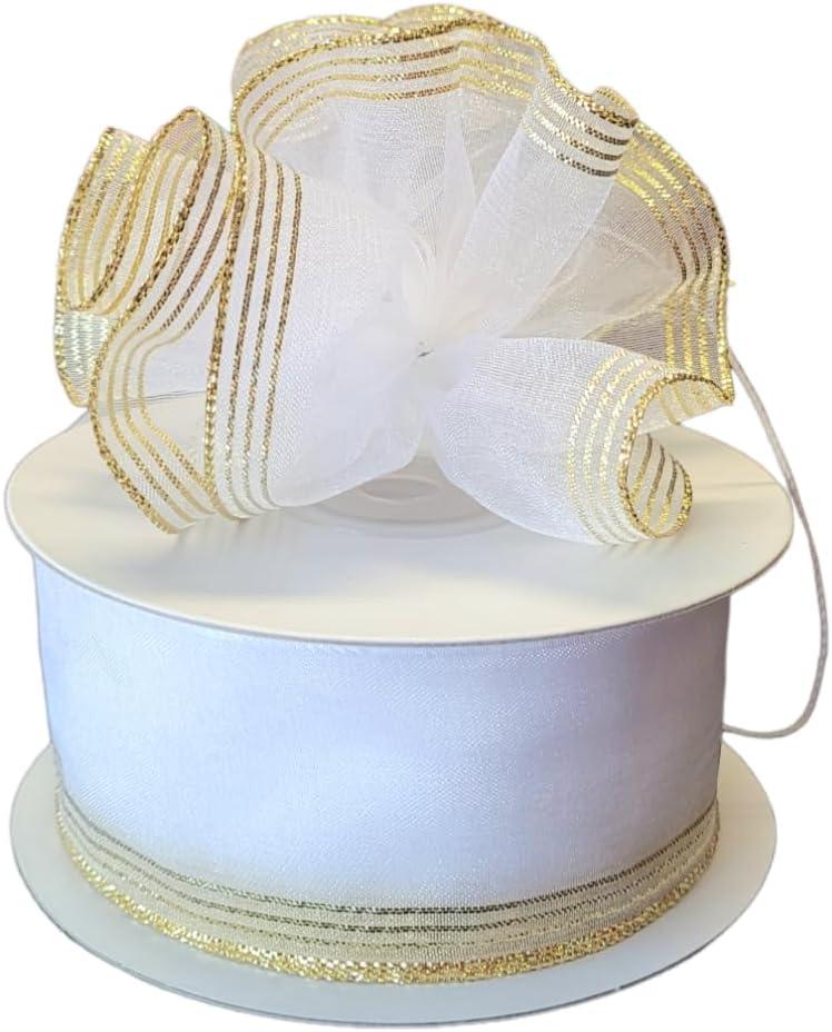 1-1/2" Sheer Organza Ruffle Type Wide String Capia Pull Bow Ribbon 25Yards Gift Wrapping Favor Decorating (White with Gold Edge)