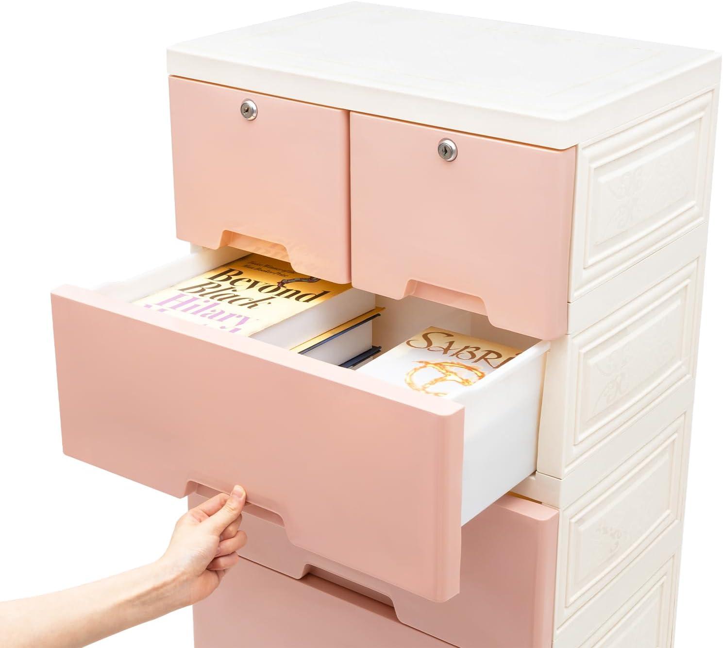 Pink 6-Drawer Plastic Storage Cabinet with Lock and Casters