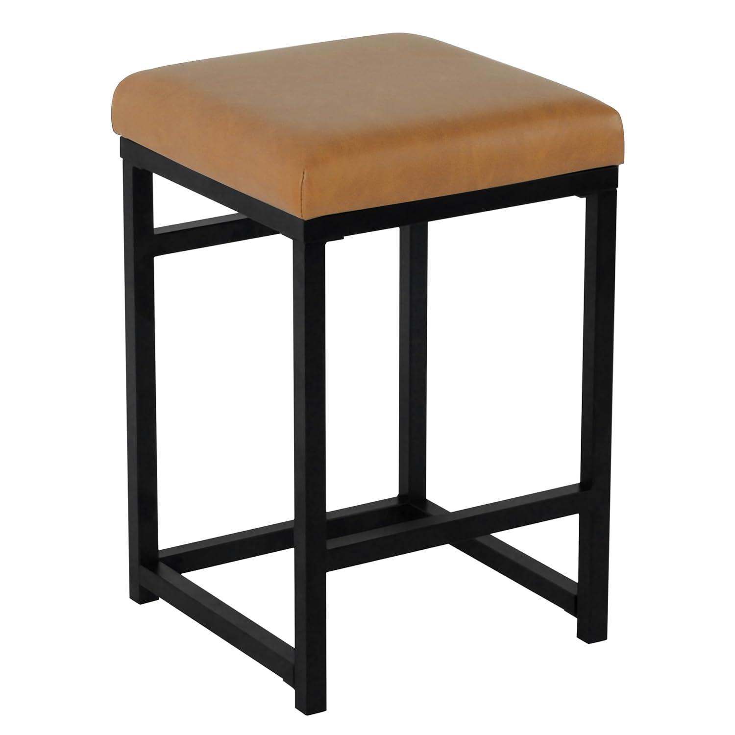 24" Open Back Metal Counter Height Barstool Faux Leather Carmel - HomePop: Kitchen Island Seating, Industrial Style