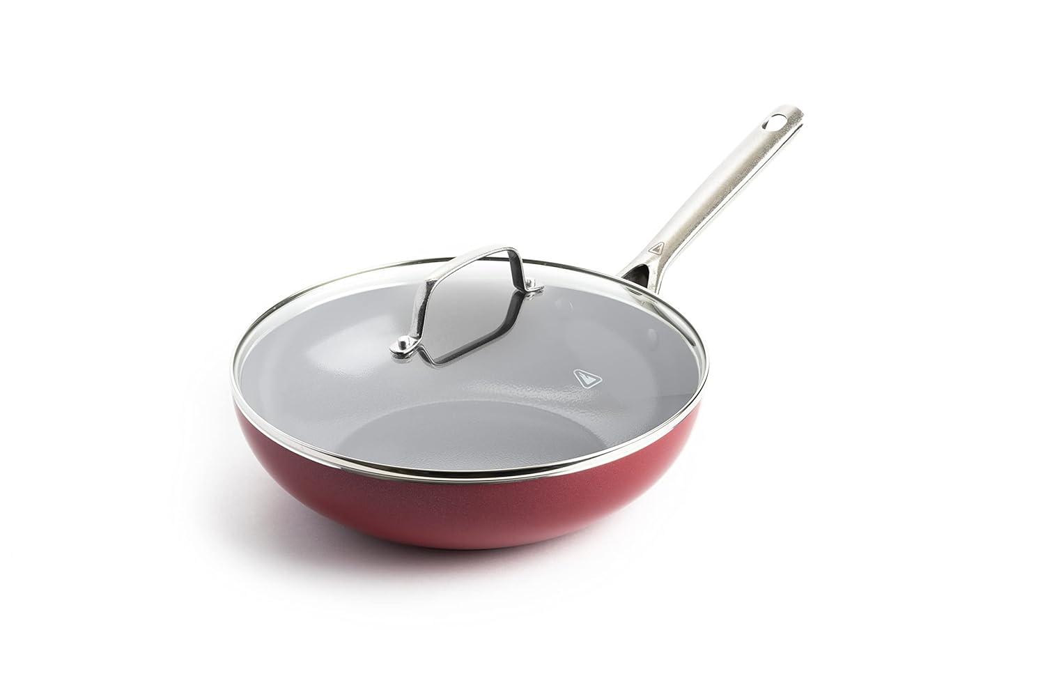 Red Ceramic Nonstick Aluminum Fry Pan with Glass Lid, 11"