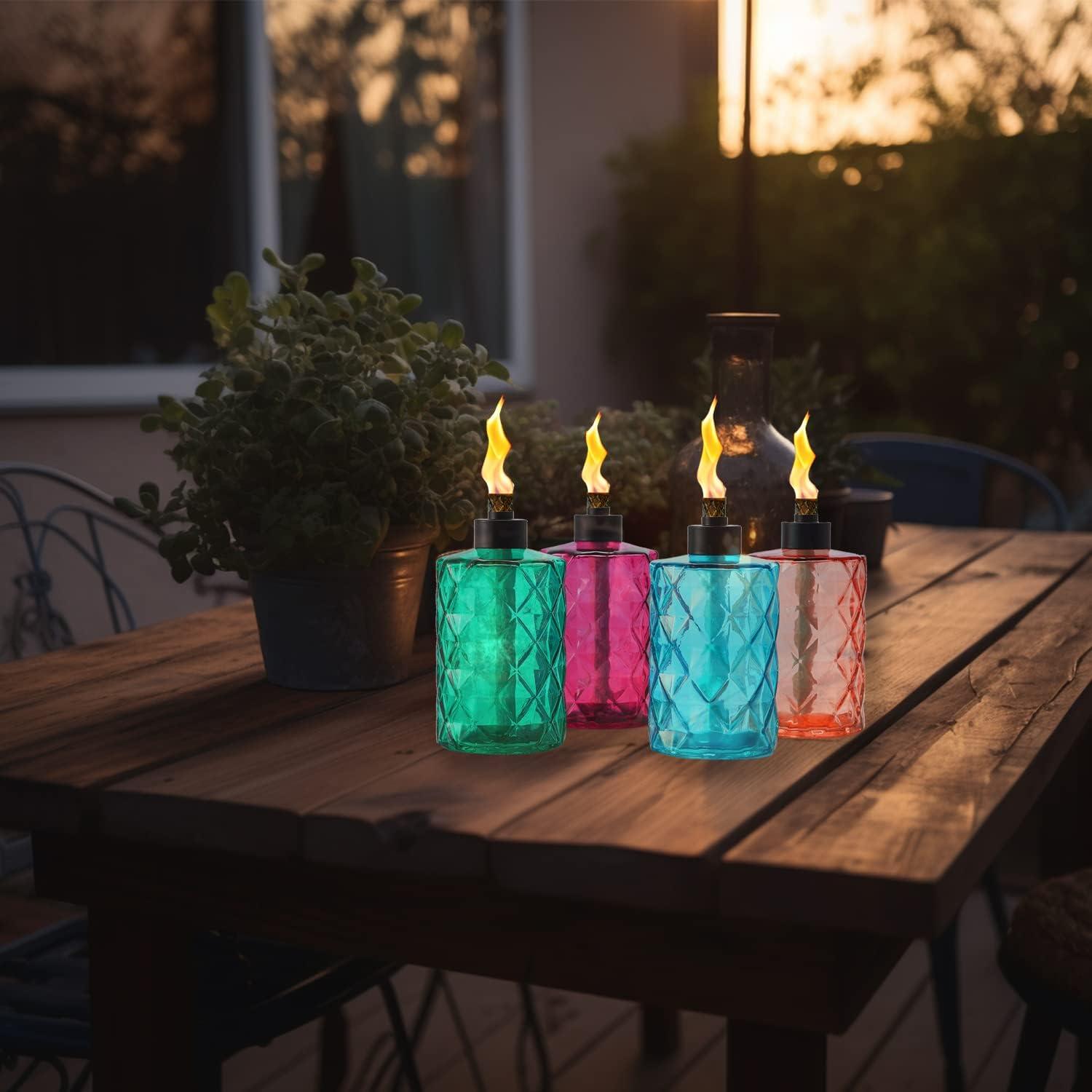 FAN-Torches 4 Pack Glass STF9 Table top Torch,12 oz Torches for Outside,Refillable Flame Light Torch with Wicks and Covers, Landscape Lanterns Torches for Yard,Patio, Garden,Party Decor, DIY.