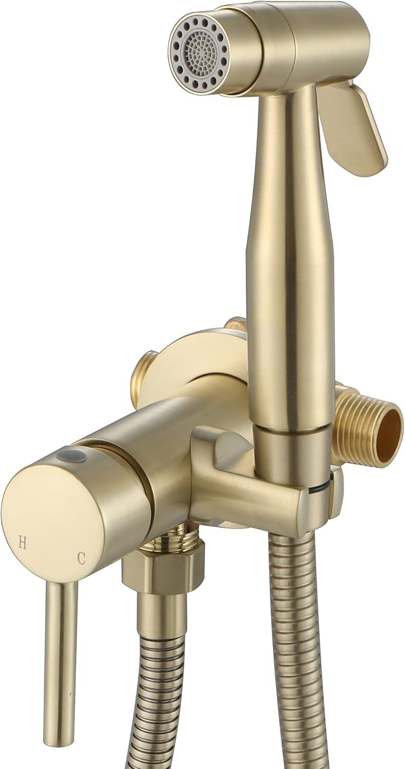 Handheld Bidet Sprayer Brushed Gold Warm Water, WiPPhs Stainless Steel Bidet Hand Held Sprayer for Toilet with Brass Hot and Cold Mixing Valve, WI9138BG