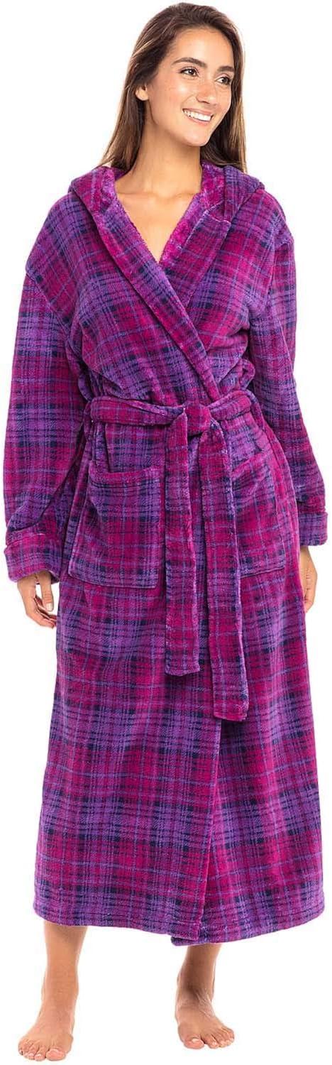 ADR Women's Hooded Plush Velour Robe with Lined Hood, Pockets Purple Plaid Large