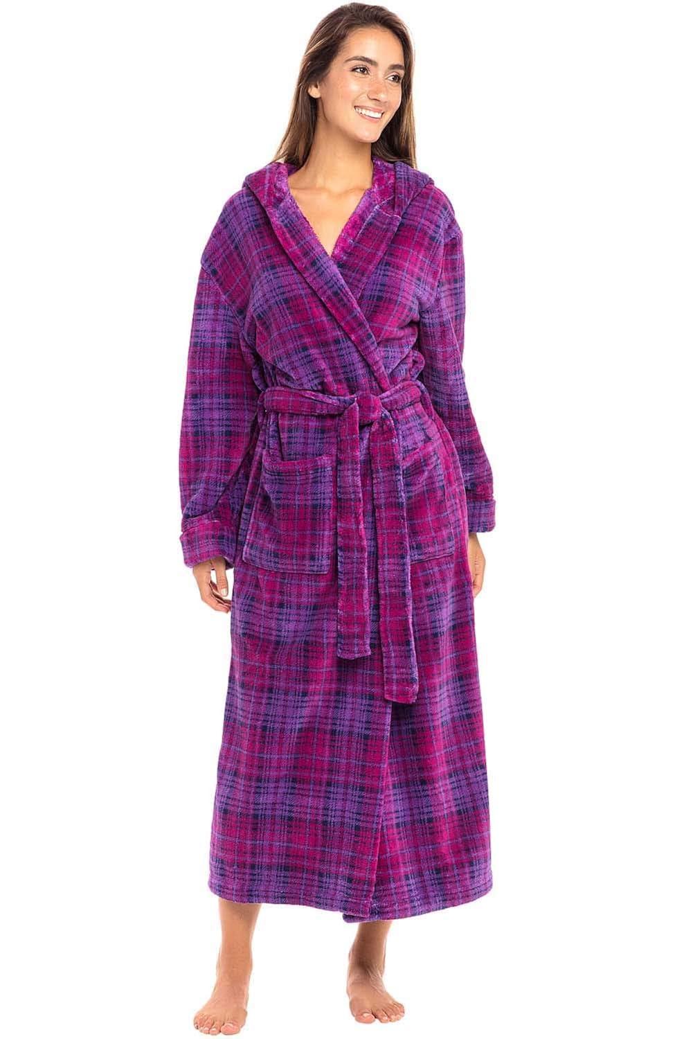 ADR Women's Hooded Plush Velour Robe with Lined Hood, Pockets Purple Plaid Large