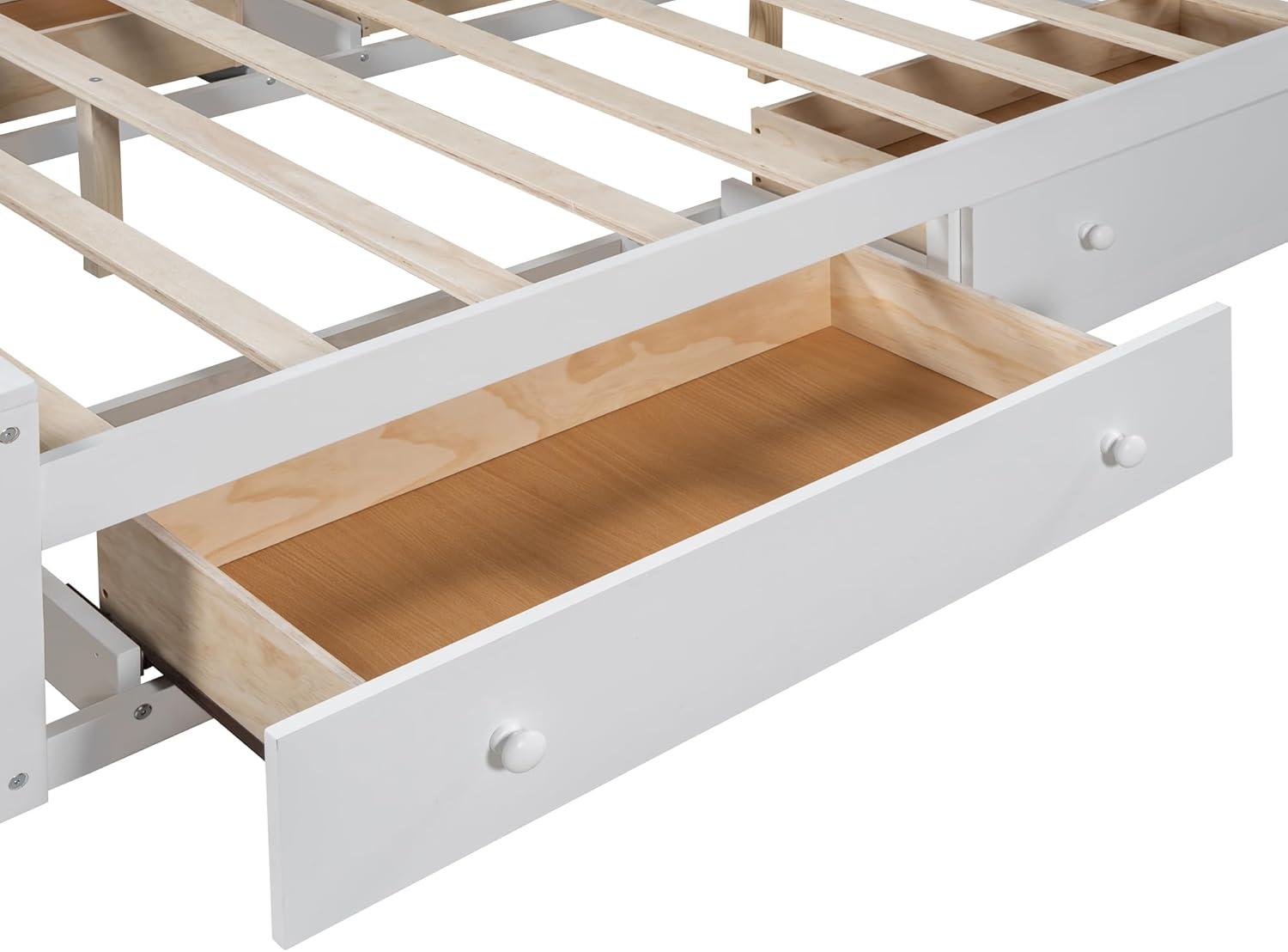 Merax Queen Size Platform Bed with 4 Drawers, Wooden Queen Bed with All-in-One Cabinet, Shelf and Sockets, White