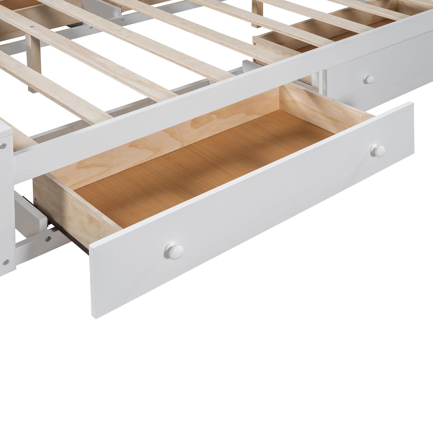 Merax Queen Size Platform Bed with 4 Drawers, Wooden Queen Bed with All-in-One Cabinet, Shelf and Sockets, White