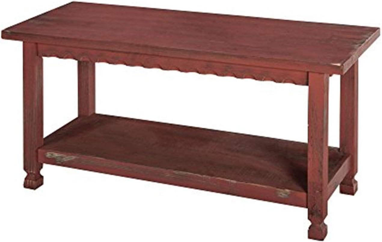 Antique Red Distressed Cottage Bench with Storage Shelf