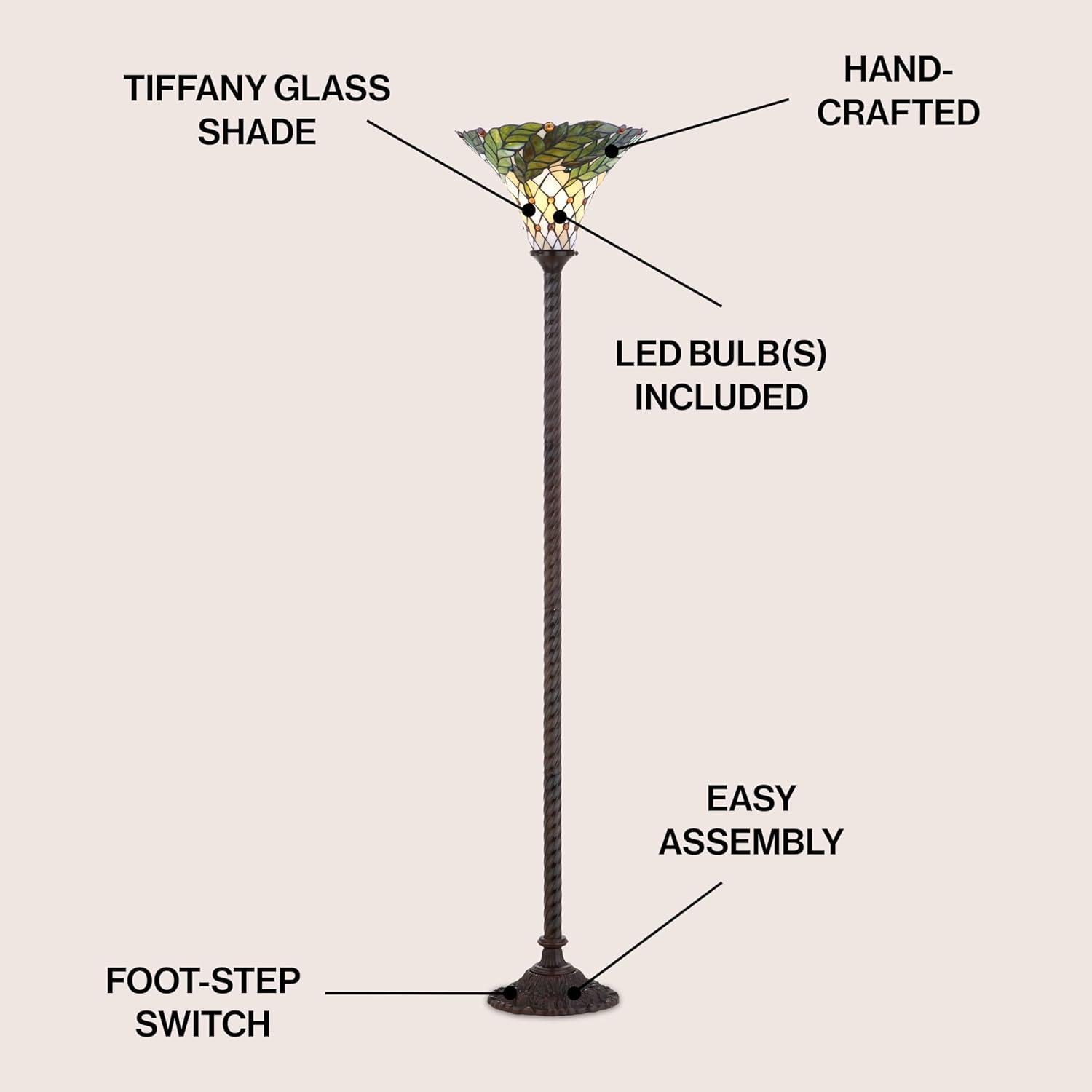 Botanical Tiffany-Style 71" Torchiere LED Floor Lamp, Bronze