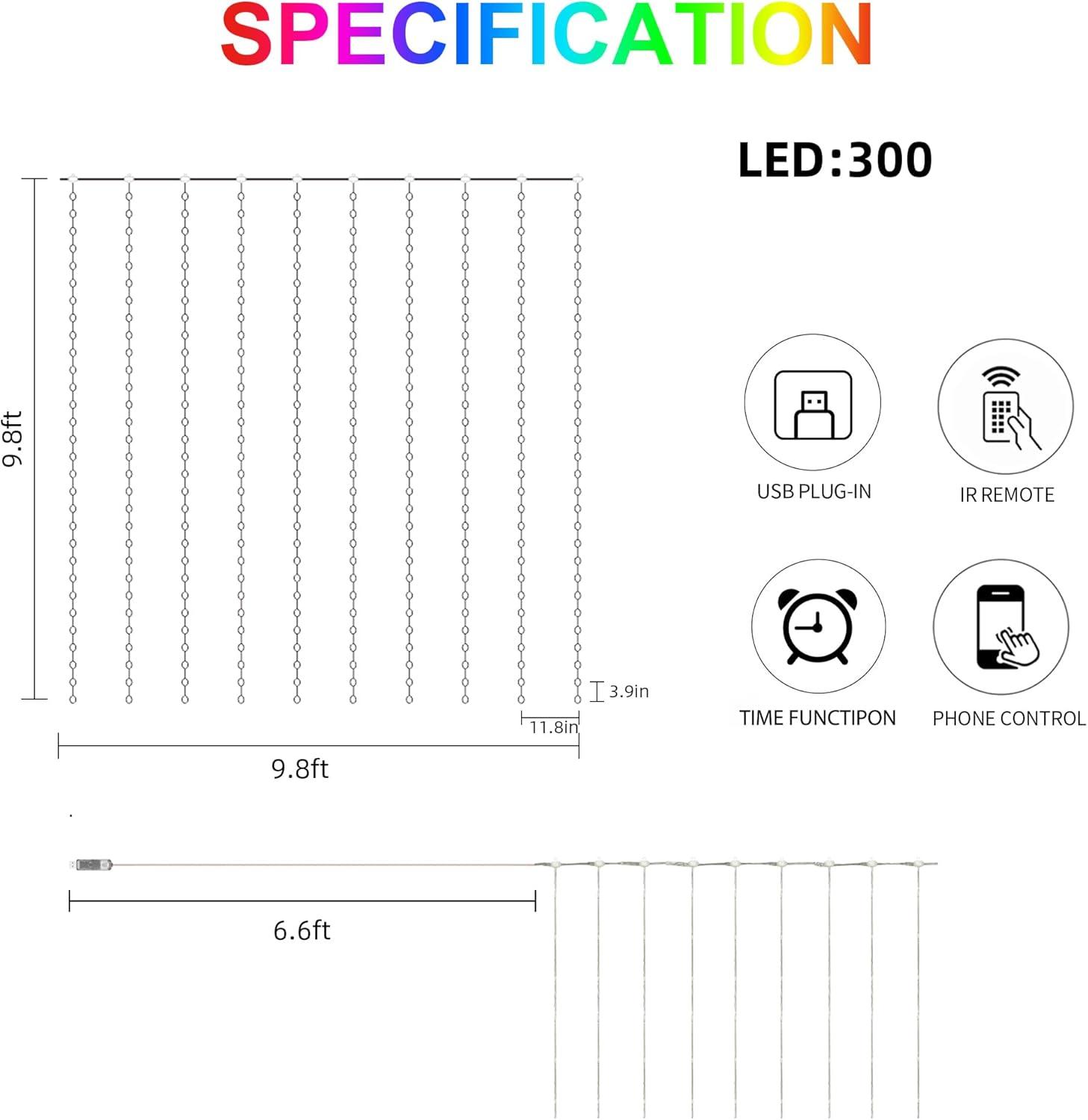 Curtain Lights Indoor 300LED 9.8ftx9.8ft, Outdoor Waterproof Curtain String Lights with Hook Remote Timer 8 Modes, USB Powered Waterfall Window Lights for Wall Backdrop Home Decorations