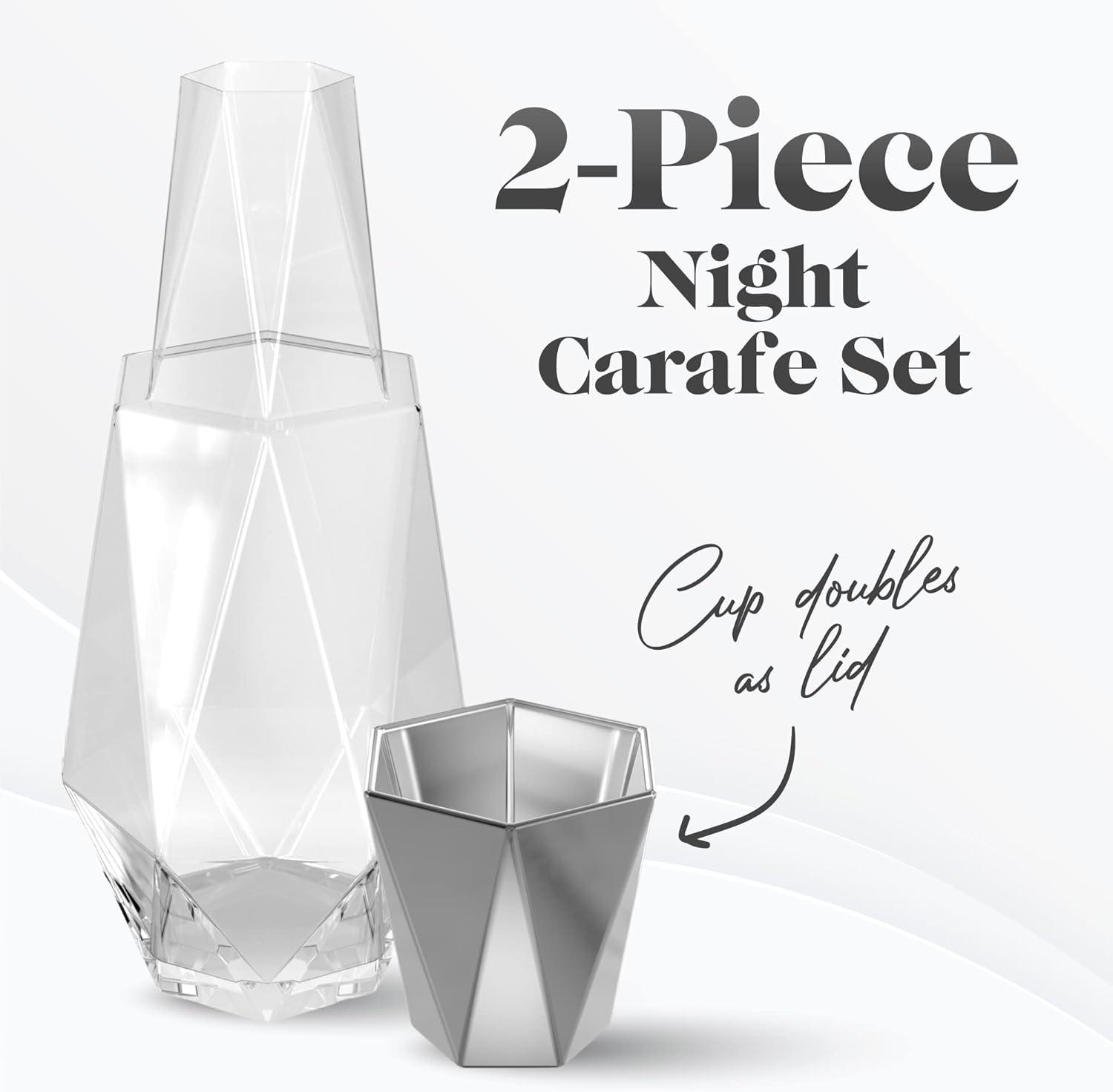 Fifth Avenue Crystal Geometric Bedside Night Water Carafe and Tumbler Lid, 2-Piece,Silver