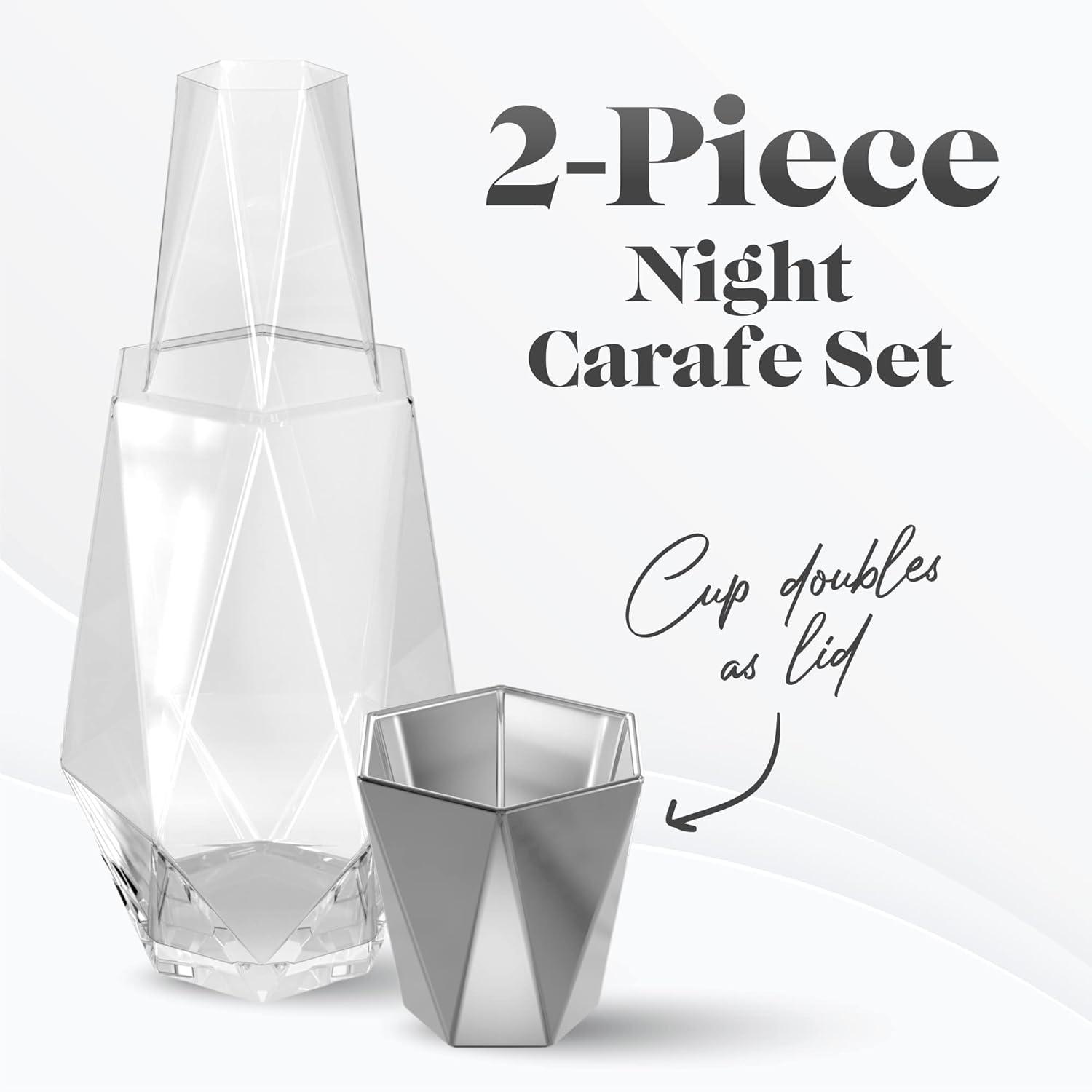 Fifth Avenue Crystal Geometric Bedside Night Water Carafe and Tumbler Lid, 2-Piece,Silver