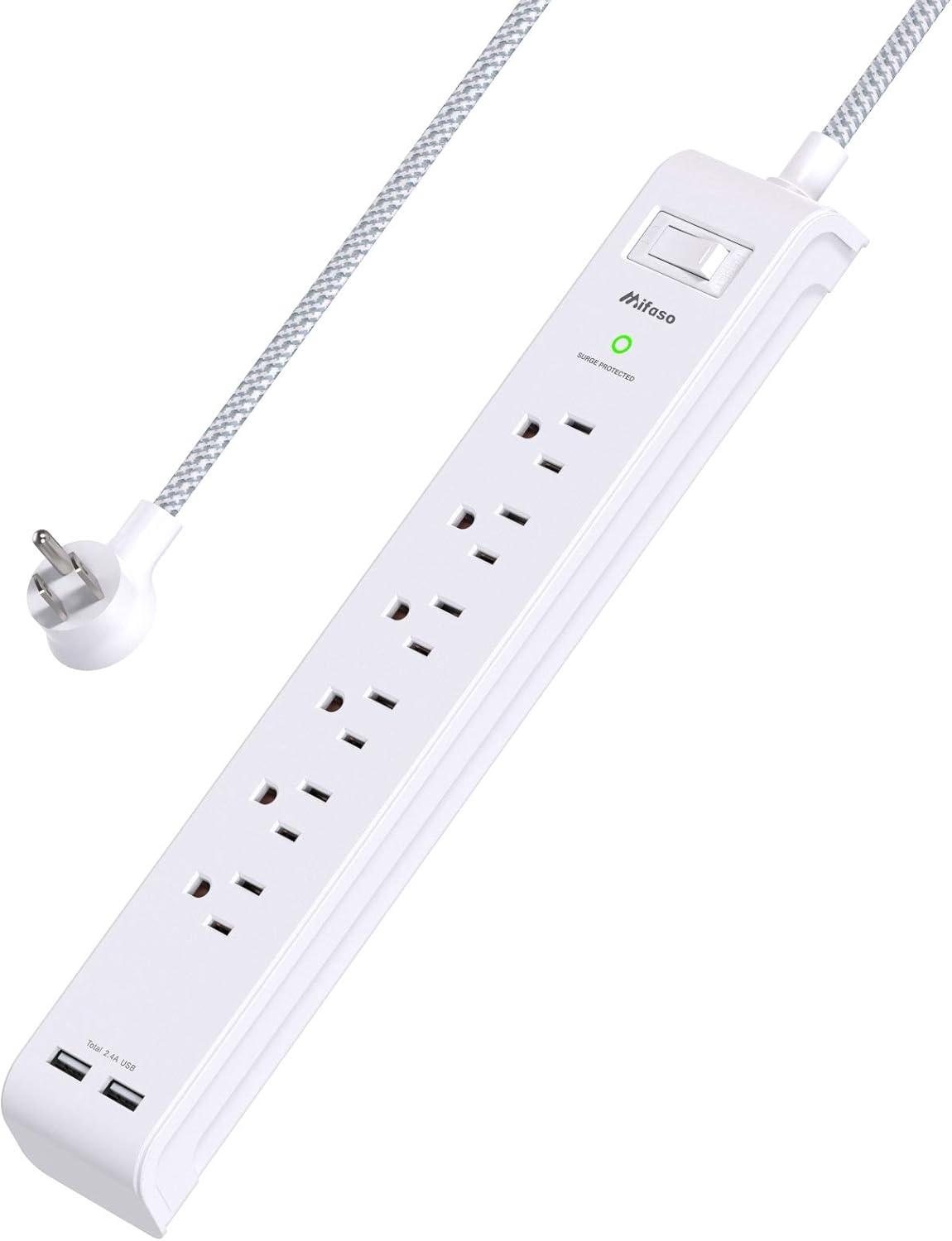 2 Pack Power Strip - 12FT Long Extension Cord, Surge Protector with 6 Outlets and 2 USB Charging Ports, Flat Plug Overload Protection, (1625W/13A/900J), Wall Mount for Home Office and Dorm, ETL Liste