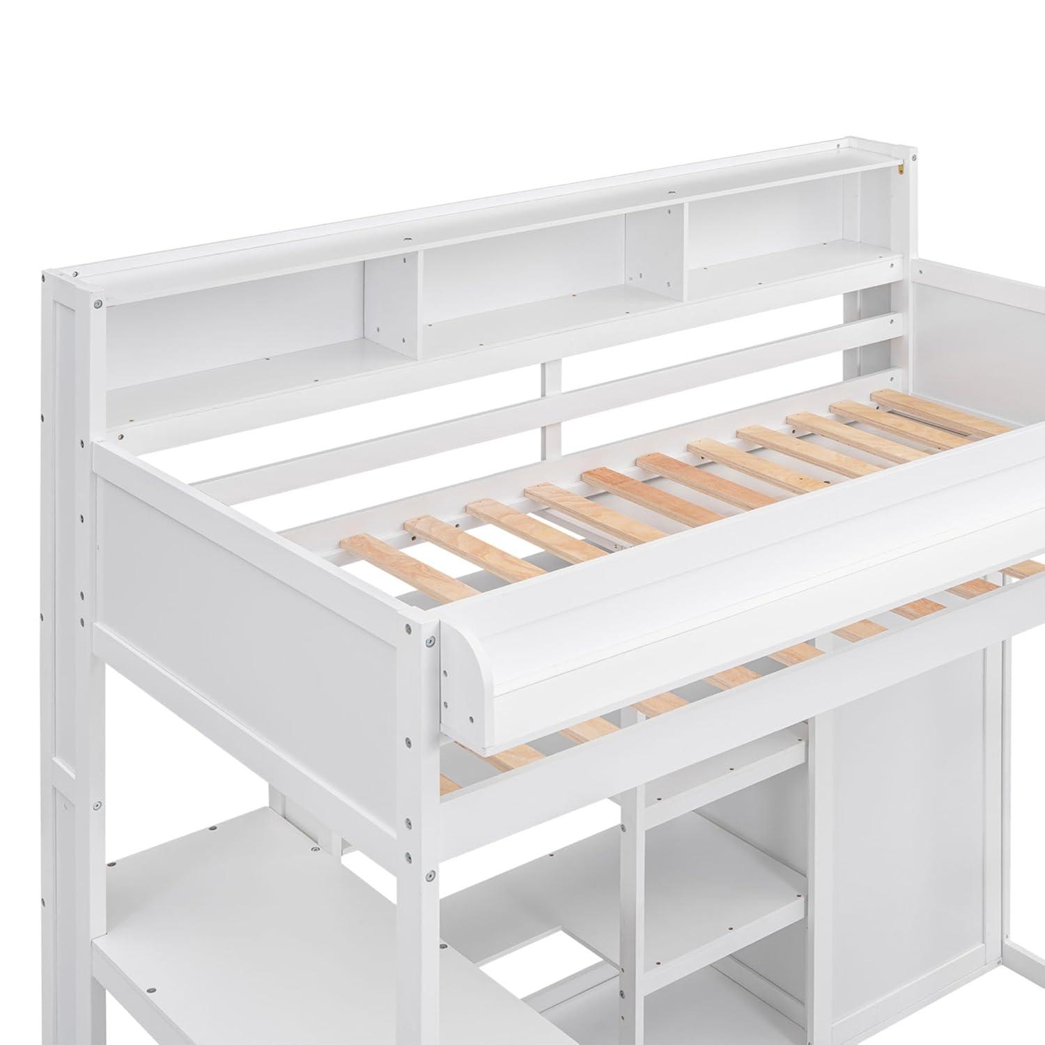 Harper & Bright Designs Twin Size Loft Bed with Storage Shelves and Wardrobe, Wood Loft Bed with Built-in Desk and Staircase for Adults Boys Girls, Space Saving