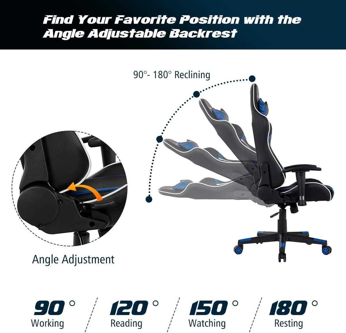 Costway Massage Gaming Chair Reclining Swivel Racing Office Chair w/Lumbar Support Blue