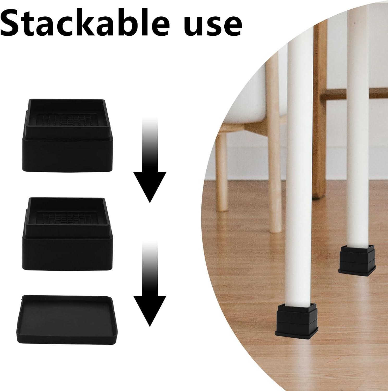 4 Pack Black Adjustable Bed Risers (1 or 3 Inch) for Dorm Beds, Sofas, and Furniture Elevation.