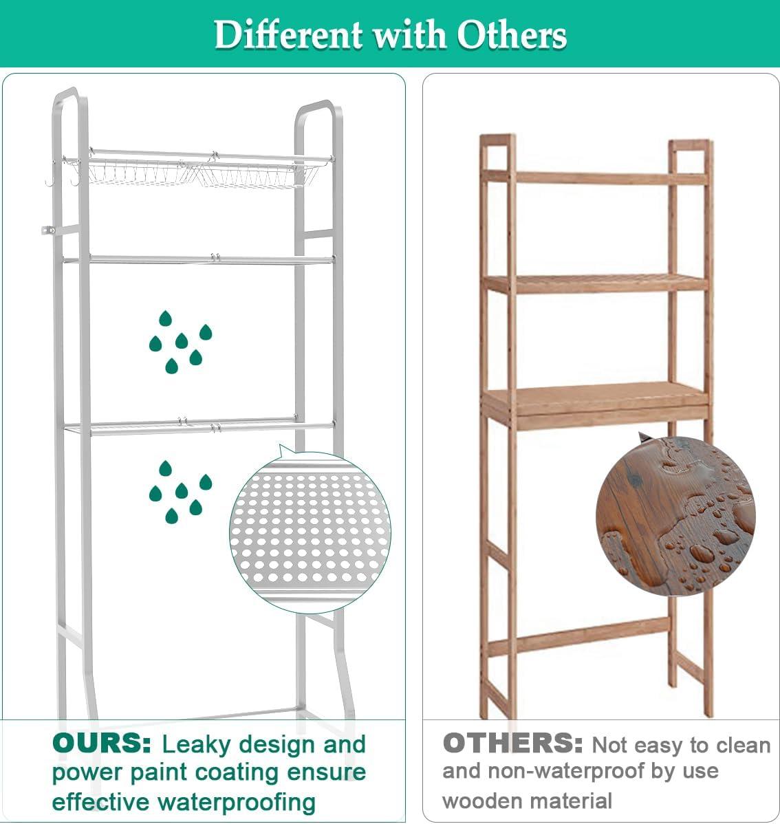 Over The Toilet Storage Shelf For Bathroom, 3-Tier Above Toilet Rack Bathroom Organizer With Adjustable Shelves And Hanging Hooks, Easy To Assemble & Space Saving, White