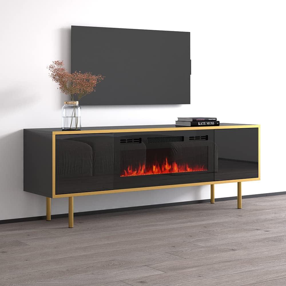 Black High Gloss Floating TV Stand with Electric Fireplace and Storage Cabinets