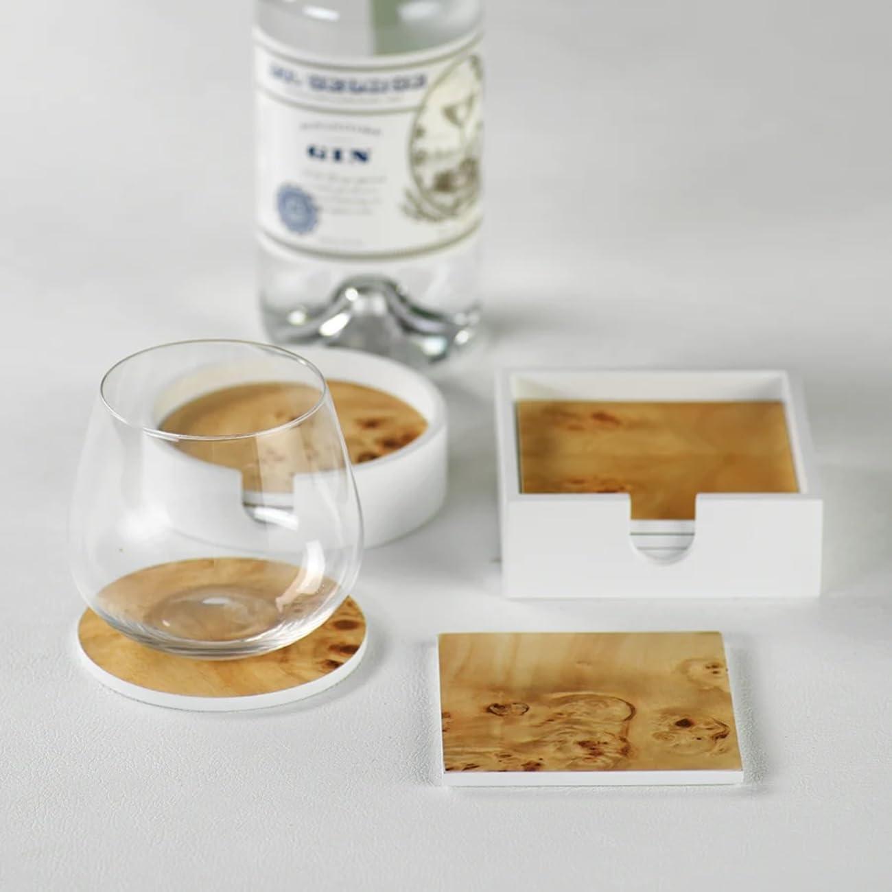 Round Burl Wood Coasters with White Tray - Set of 4