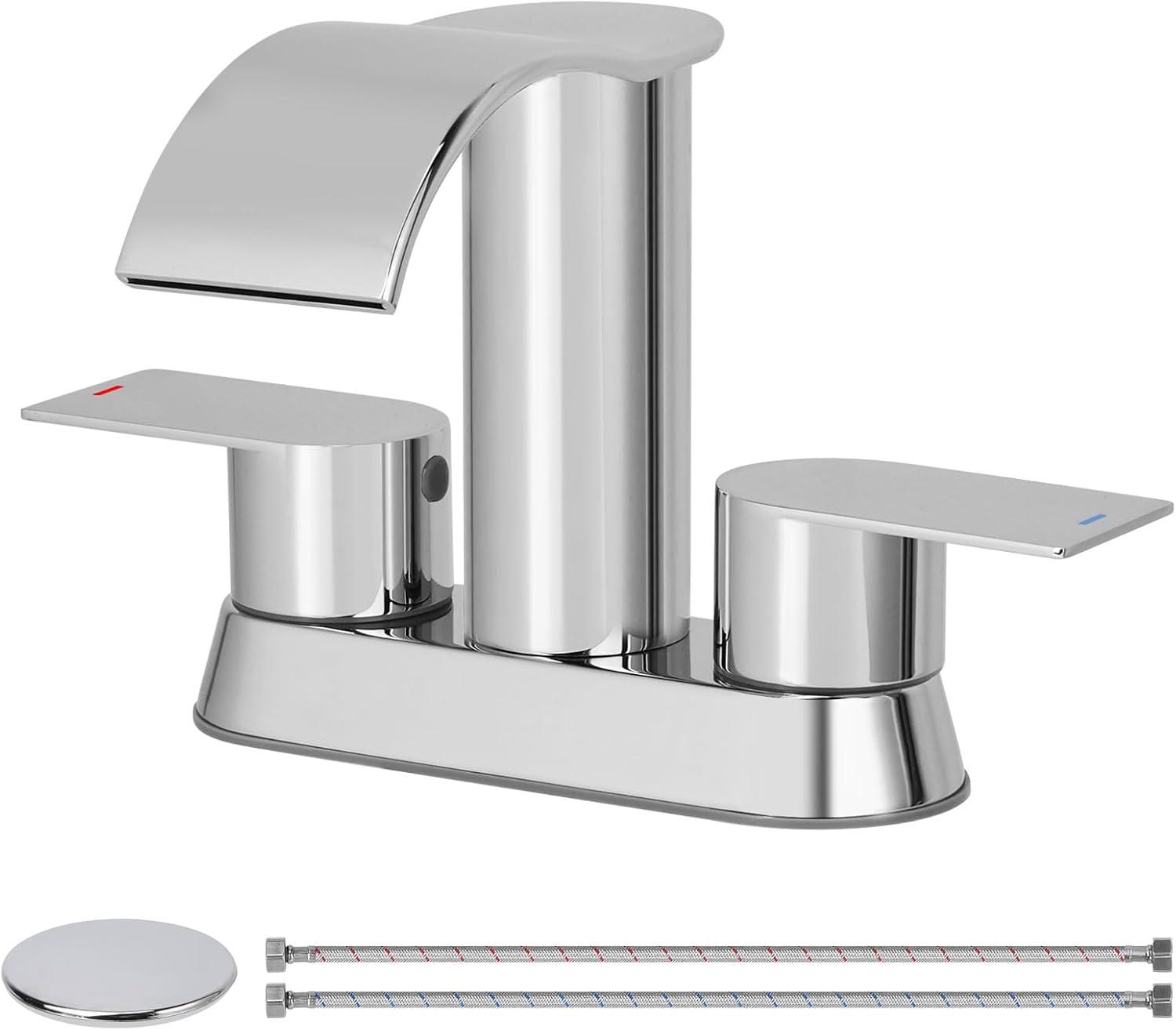 Chrome Double Handle Waterfall Bathroom Faucet with Pop-Up Drain