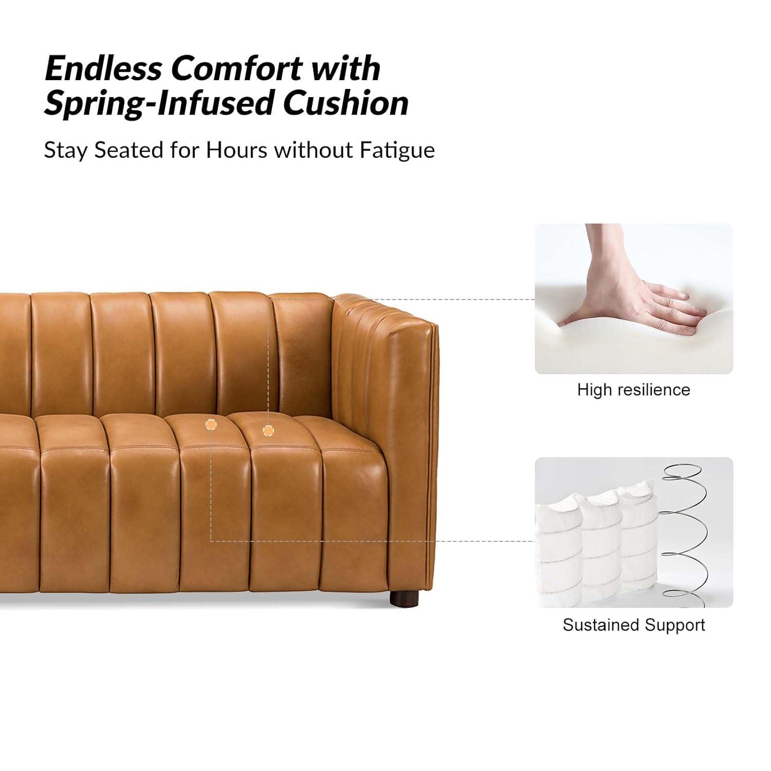 HULALA HOME 83" Genuine Leather Sofa with Channel Tufted Design, 3-Seater Sofa for Living Room Bedroom, Modern Oversized Couch with Wood Legs, Camel