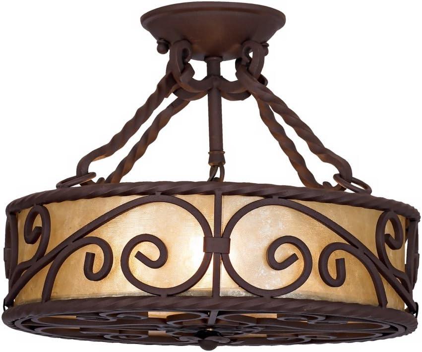 John Timberland Natural Mica Rustic Ceiling Light Semi Flush Mount Fixture 15" Wide Deep Walnut Scroll 3-Light Drum Shade for Bedroom Living Room Home