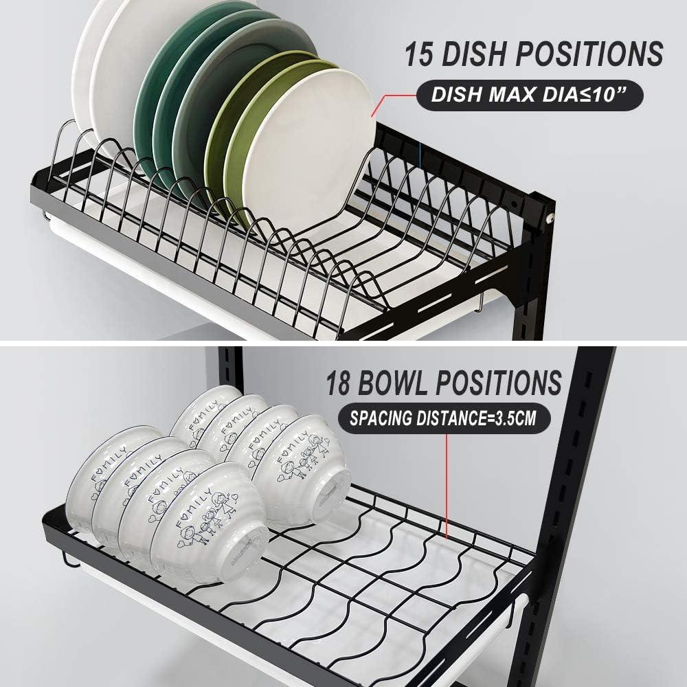 3 Tier Black Stainless Steel Dish Drying Rack Fruit Vegetable Storage Basket with Drainboard and Hanging Chopsticks Cage Knife Holder Wall Mounted Kitchen Supplies Shelf Utensils Organizer