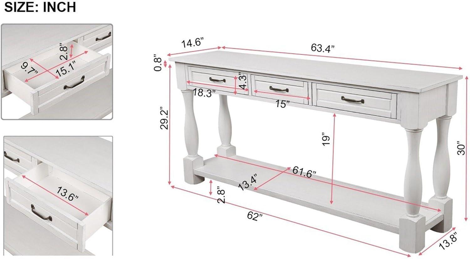 Console Table, 63inch Long Wood Entryway Table with 3 Drawers and 1 Bottom Shelf, Sofa Table for Entryway Hallway, Easy Assembly, Antique White