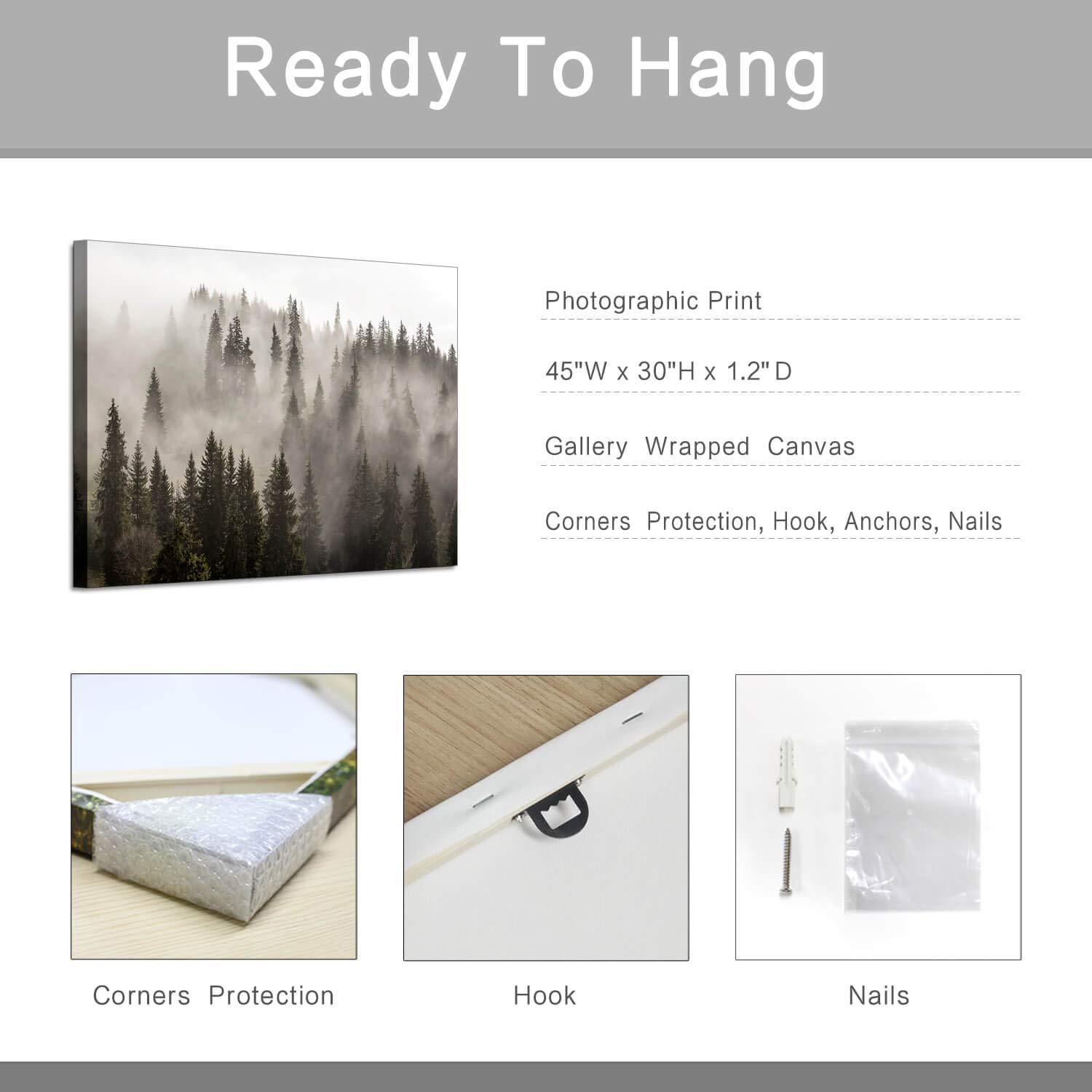 Foggy Forest Picture Wall Art: Landscape Artwork Photographic Print on Canvas for Office (45" W x 30" H,Multi-Sized)