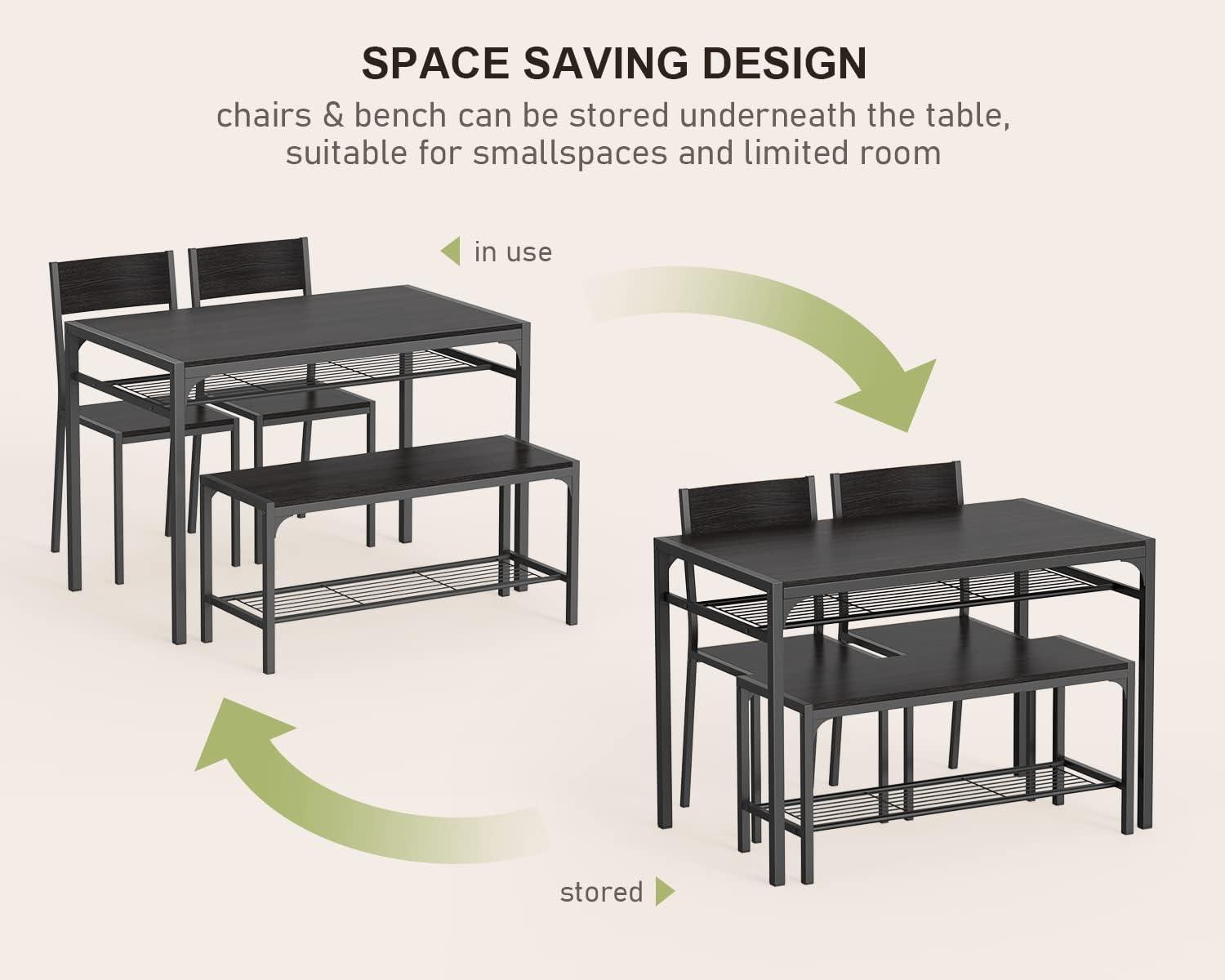 4 Piece Kitchen Dining Table with 2 Chair and Bench for Small Space Black