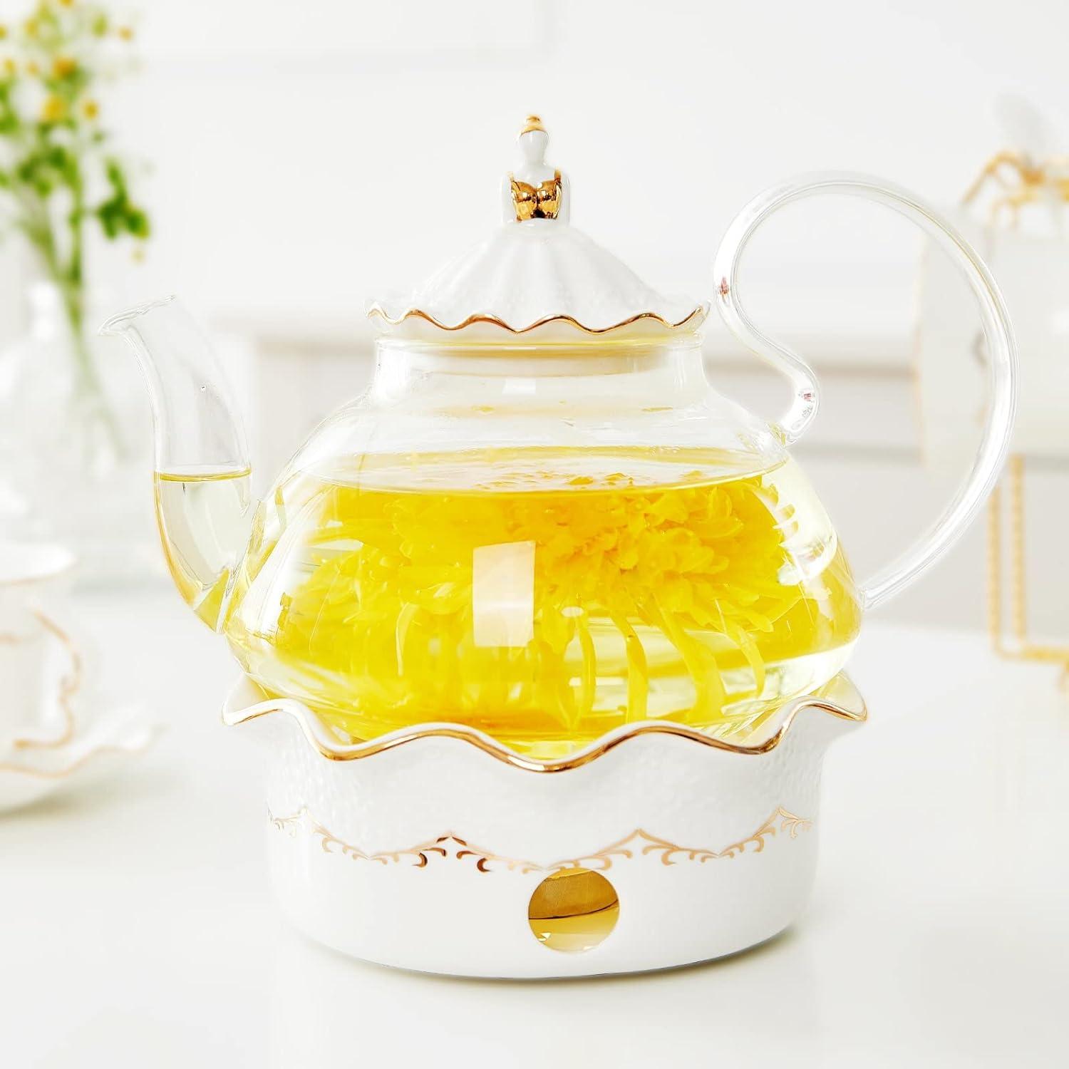 Luxury Clear Glass Teapot with Gold Trim and Warmer