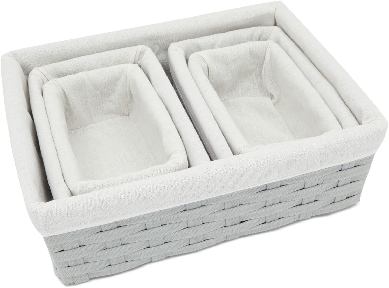 5 Pack Wicker Nesting Baskets with Cloth Lining for Pantry Shelves, Rectangular Storage Bins for Organizing Closet (Brown, 3 Sizes)