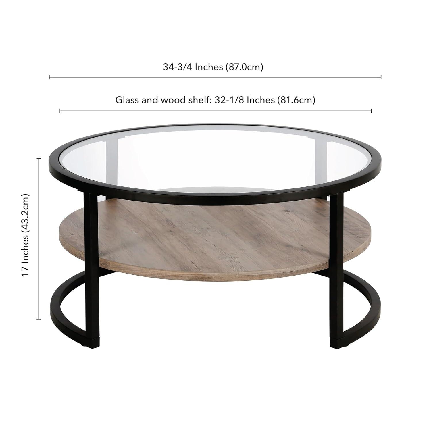 Evelyn&Zoe Winston 34.75" Wide Round Coffee Table, Blackened Bronze/Gray Oak