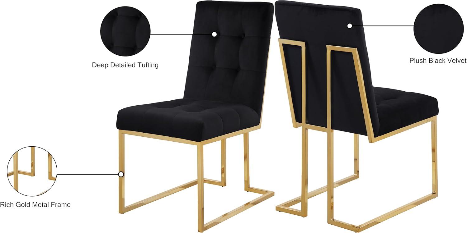 Meridian Furniture Pierre Collection Modern | Contemporary Velvet Dining Chair with Luxurious Deep Tufting and Polished Gold Metal Frame, Set of 2, Black, 18.5" W x 25" D x 36.5" H