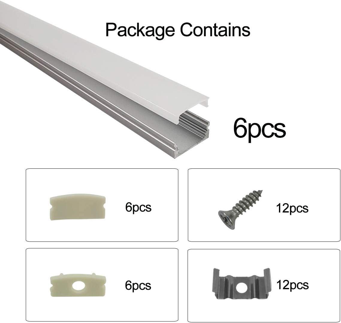 HAMRVL 6-Pack 30cm/1ft 17.2x7mm Led Aluminum Channel System U Shape with Cover, Led Strip Light Diffuser with White End Caps and Mounting Clips Accessories for Under Counter Light Fixture for Indoor