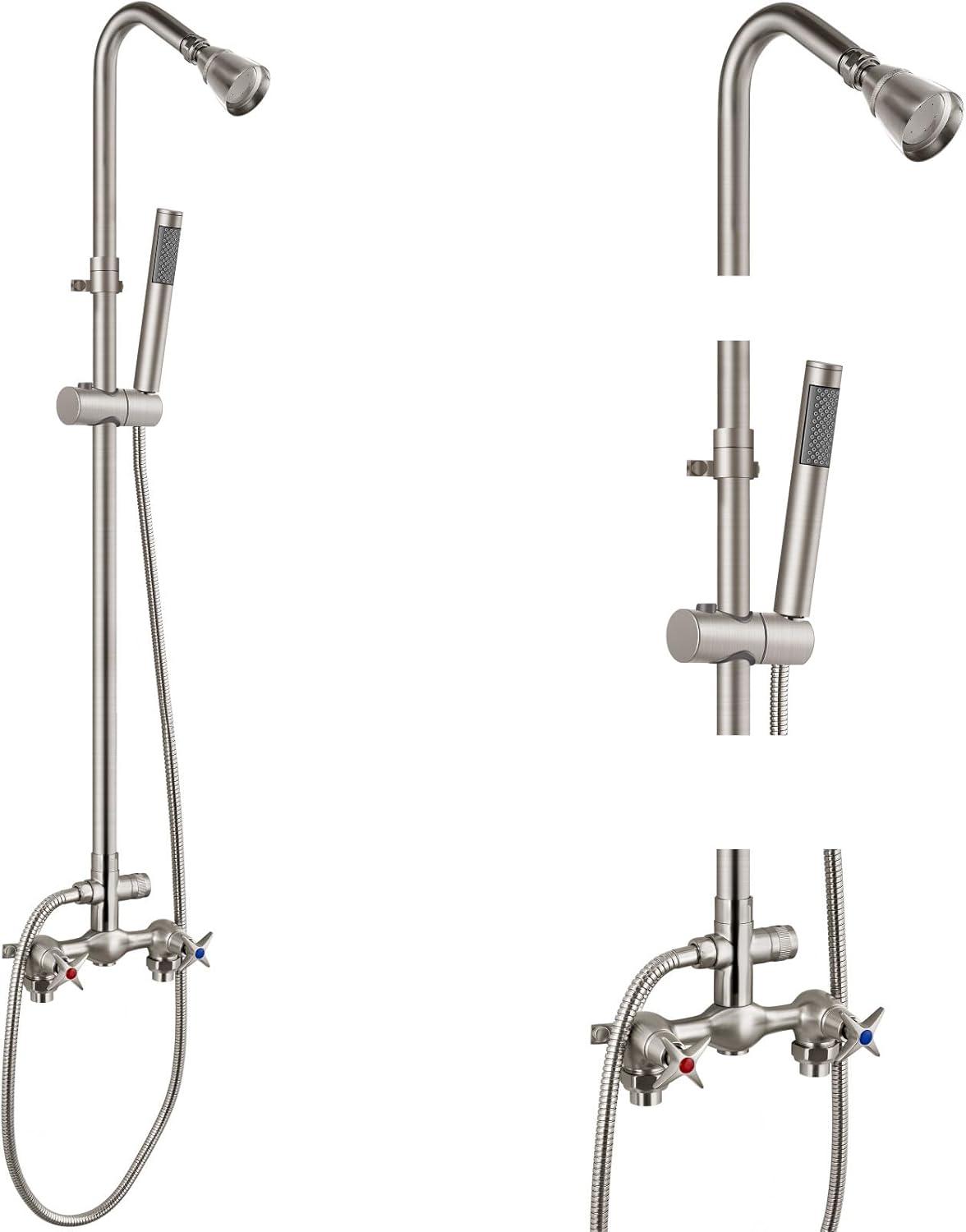 Aolemi Wall Mount Outdoor Shower Kit,Outdoor Shower Fixtures Faucet System with Handheld Spray,Double Handle 6 Inch Center Exposed Shower with Shower Head Polish Chrome