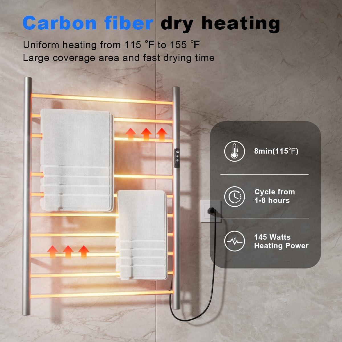 Finihen Wall Mounted Towel Rack, 10 Bar Towel Warmer Wall Mounted Electric Heated Towel Rack with Built-in Timer, for Bathroom, laundry Room, Silver