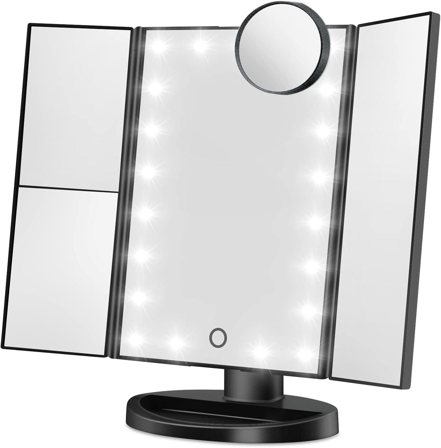 Makeup Mirror Vanity with Lights, 2X 3X 10X Magnification, Lighted Mirror, Touch Control, Trifold Dual Power Supply, Portable LED Women Gift (Black)