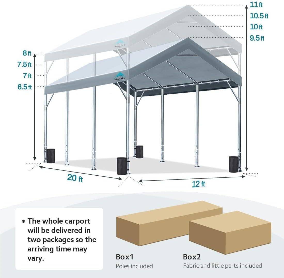 ADVANCE OUTDOOR 12x20 ft Carport Heavy Duty Car Canopy Event Canopy, 8 Legs with 8 Reinforced Poles and 4 Sandbags, Silver Gray