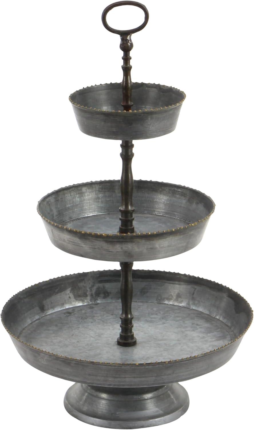 Gray Metal and Wood 3-Tier Round Server with Beaded Perimeter