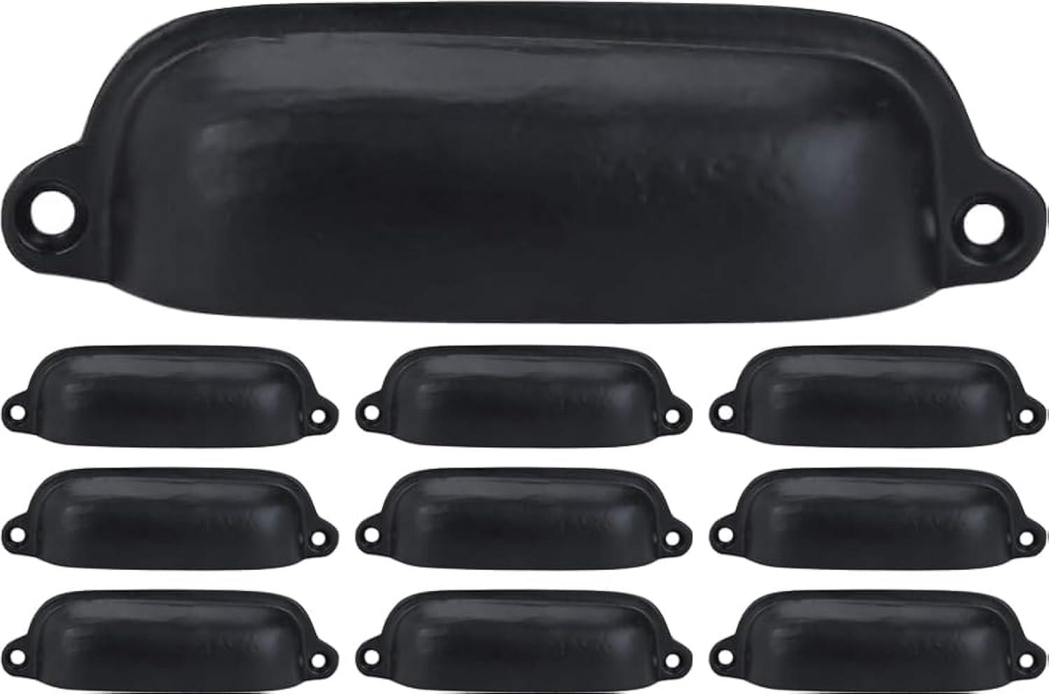 Set of 10 Black Iron Cup Drawer Pulls with Mounting Hardware