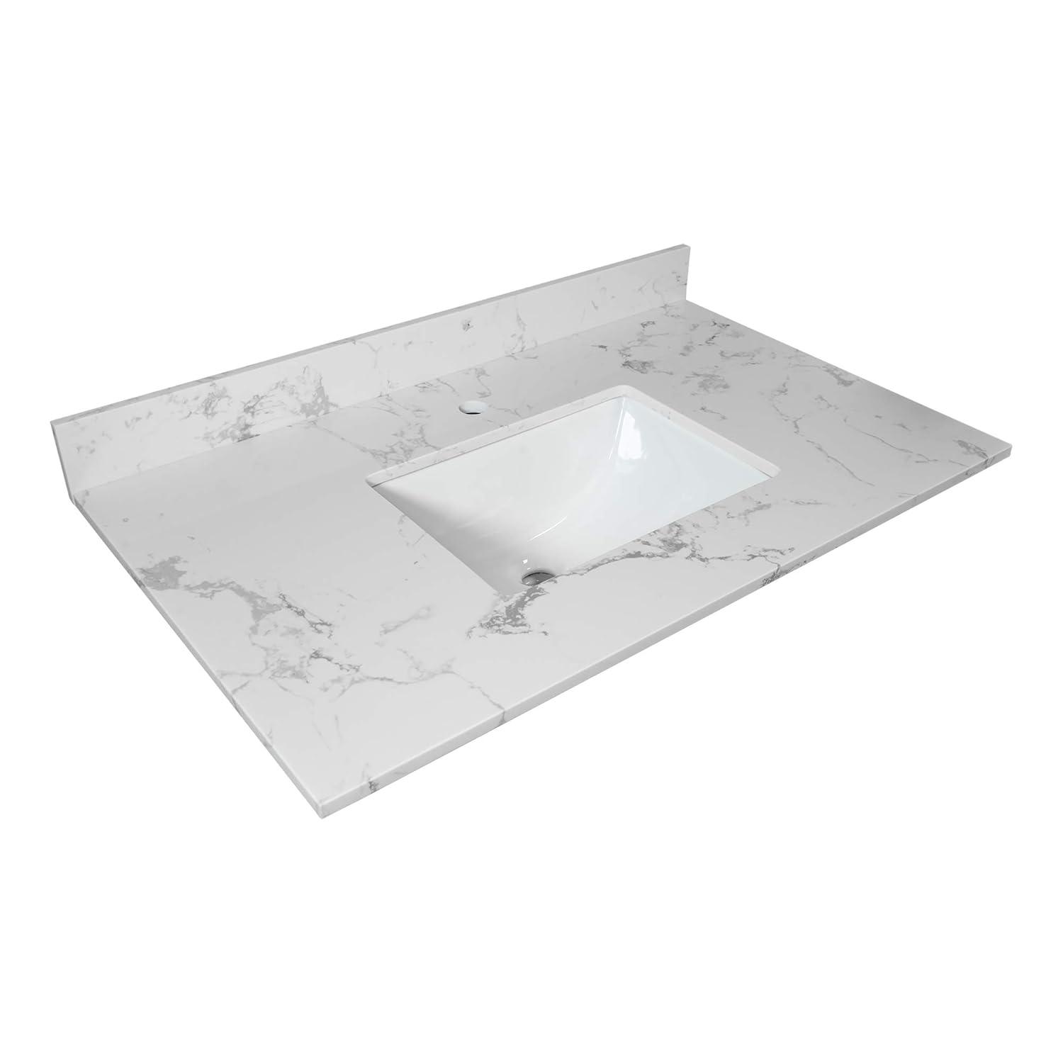 31 Inch Bathroom Vanity Top Stone, Carrara White Engineered Marble Stone Vanity Sink Top with Undermount Ceramic Sink and Back Splash with Single Hole for Bathrom Cabinet (31"x22"(Single Hole))