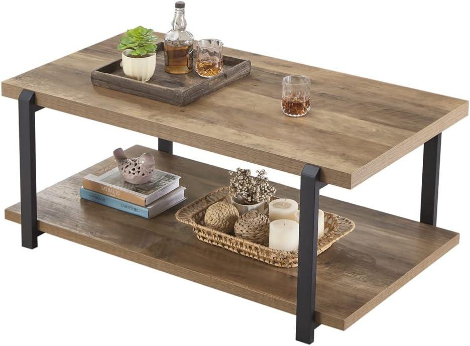 Oak and Black Industrial Rectangular Coffee Table with Shelf