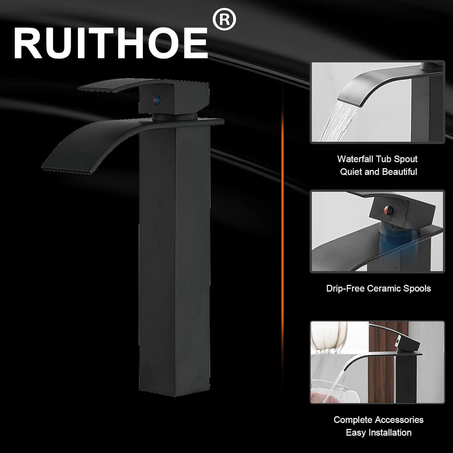 Waterfall Bathroom Faucet Single Handle，Bathroom Sink Faucet 1 Hole，Waterfall Faucet for Bathroom Sink，Vessel Sink Faucet Matte Black Tall Bathroom Faucet